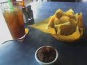 Pineapple mint iced tea, chips, & salsa